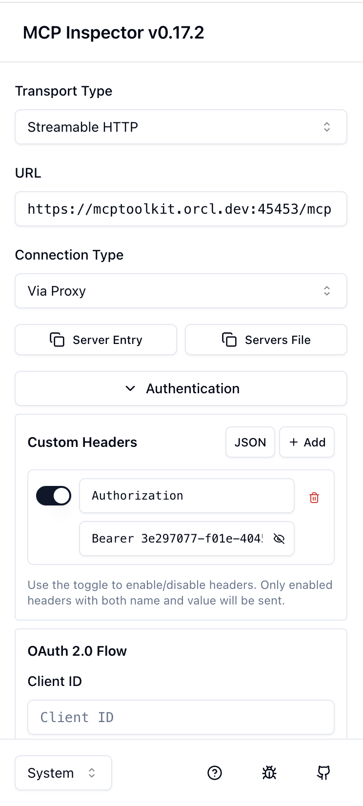 MCP Inspector config screenshot